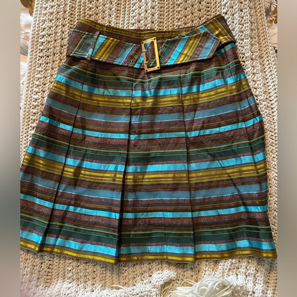 Citrine Belted Box-Pleated Striped Metallic Skirt